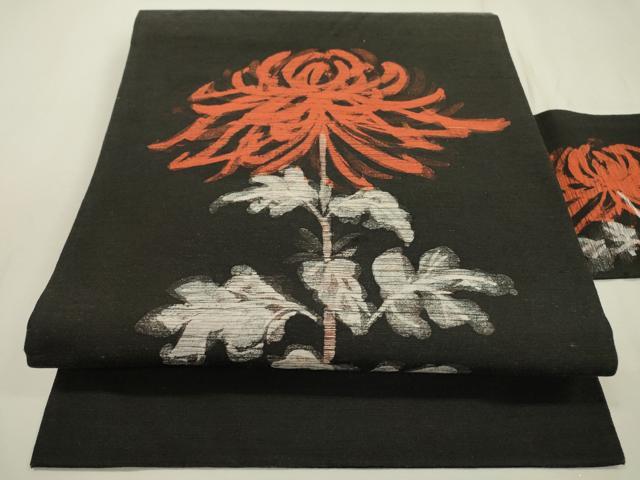 平和屋着物●九寸名古屋帯　紬地　ろうけつ染　手描き　菊　黒地　正絹　逸品　DABD5831fe