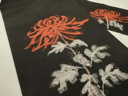 平和屋着物●九寸名古屋帯　紬地　ろうけつ染　手描き　菊　黒地　正絹　逸品　DABD5831fe