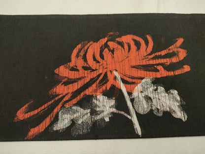 平和屋着物●九寸名古屋帯　紬地　ろうけつ染　手描き　菊　黒地　正絹　逸品　DABD5831fe