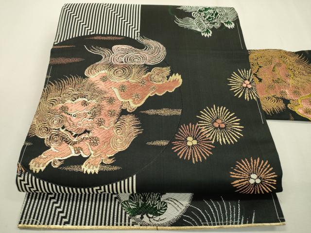 平和屋着物●アンティーク　大正ロマン　九寸名古屋帯　唐獅子　黒地　金糸　正絹　逸品　DABD5833fe