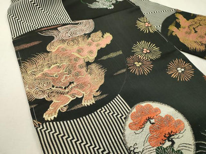 平和屋着物●アンティーク　大正ロマン　九寸名古屋帯　唐獅子　黒地　金糸　正絹　逸品　DABD5833fe