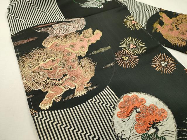 平和屋着物●アンティーク　大正ロマン　九寸名古屋帯　唐獅子　黒地　金糸　正絹　逸品　DABD5833fe