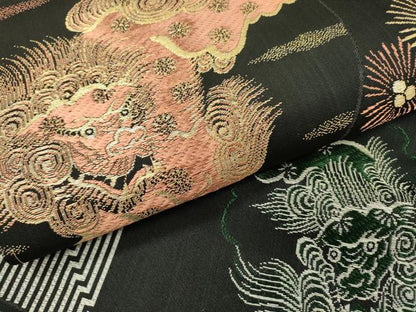 平和屋着物●アンティーク　大正ロマン　九寸名古屋帯　唐獅子　黒地　金糸　正絹　逸品　DABD5833fe
