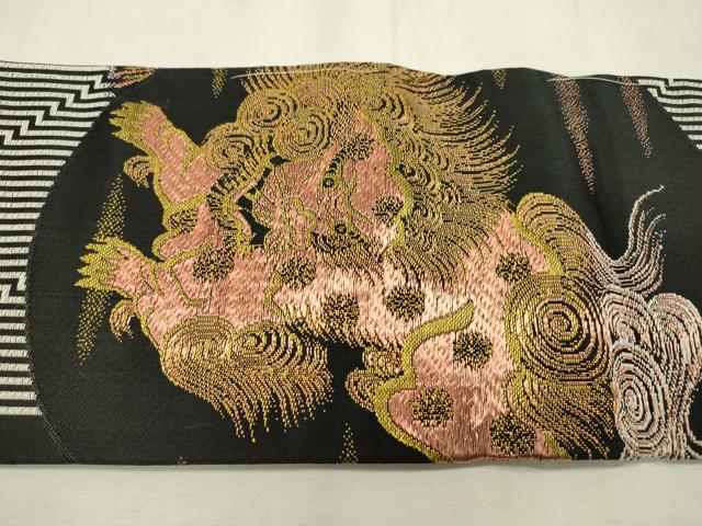 平和屋着物●アンティーク　大正ロマン　九寸名古屋帯　唐獅子　黒地　金糸　正絹　逸品　DABD5833fe