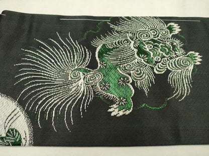 平和屋着物●アンティーク　大正ロマン　九寸名古屋帯　唐獅子　黒地　金糸　正絹　逸品　DABD5833fe