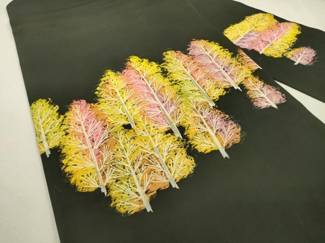 平和屋着物●塩瀬　九寸名古屋帯　ろうけつ染　樹林文　黒地　正絹　逸品　DABD5838fe