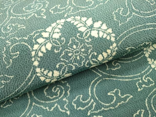 平和屋着物●九寸開き名古屋帯　藍　型染　花唐草文　鬼しぼ縮緬　正絹　逸品　DABD5846fe