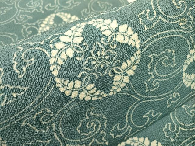 平和屋着物●九寸開き名古屋帯　藍　型染　花唐草文　鬼しぼ縮緬　正絹　逸品　DABD5846fe