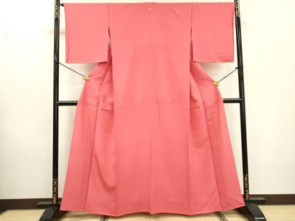 平和屋着物▽上質な色無地　単衣　韓紅色　お召縮緬　正絹　逸品　DABD5888fe