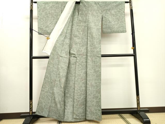平和屋着物▽上質な紬　単衣　草花菱文　正絹　逸品　DABD5892fe