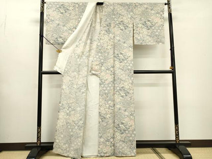 平和屋着物▽上質な小紋　単衣　切嵌花文　正絹　逸品　DABD5902fe