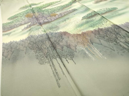 平和屋着物▽訪問着　単衣　手描き　樹林風景文　暈し染　金銀彩　正絹　逸品　DABD5916fe