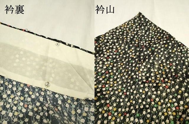 平和屋着物▽小紋　単衣　草花　黒地　洗える着物　DABD5920fe