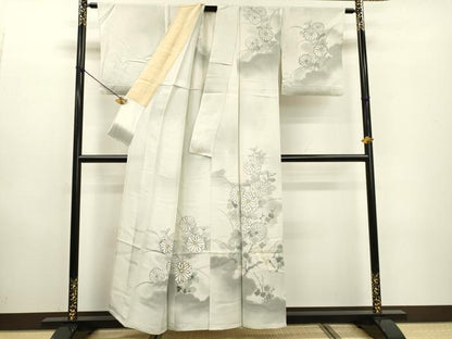 平和屋着物▽訪問着　単衣　刺繍　手描き　枝花に休み鳥　暈し染　金彩　正絹　逸品　DABD5943fe