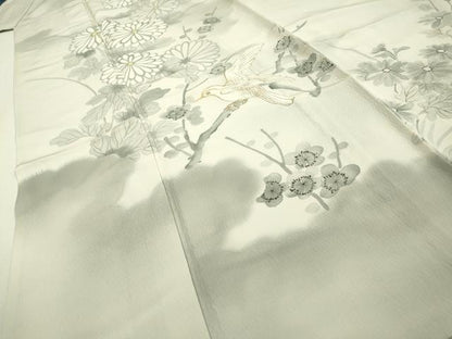 平和屋着物▽訪問着　単衣　刺繍　手描き　枝花に休み鳥　暈し染　金彩　正絹　逸品　DABD5943fe