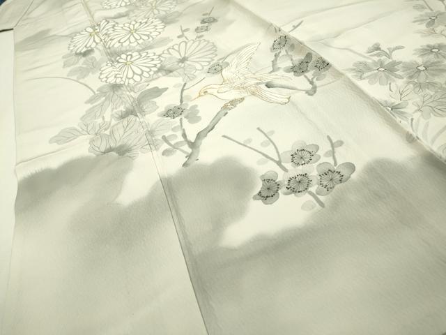 平和屋着物▽訪問着　単衣　刺繍　手描き　枝花に休み鳥　暈し染　金彩　正絹　逸品　DABD5943fe