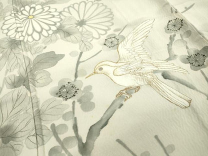 平和屋着物▽訪問着　単衣　刺繍　手描き　枝花に休み鳥　暈し染　金彩　正絹　逸品　DABD5943fe