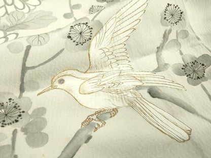 平和屋着物▽訪問着　単衣　刺繍　手描き　枝花に休み鳥　暈し染　金彩　正絹　逸品　DABD5943fe