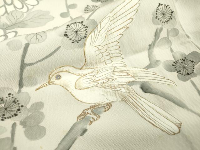 平和屋着物▽訪問着　単衣　刺繍　手描き　枝花に休み鳥　暈し染　金彩　正絹　逸品　DABD5943fe