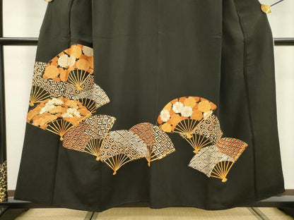 平和屋着物▼豪華黒留袖 駒刺繍 総刺繍 扇面吉祥花文 金糸 正絹 逸品 DABD5968fe