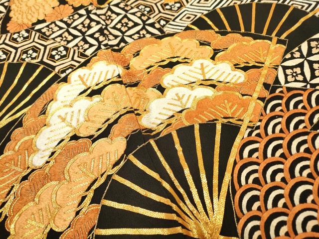 平和屋着物▼豪華黒留袖 駒刺繍 総刺繍 扇面吉祥花文 金糸 正絹 逸品 DABD5968fe