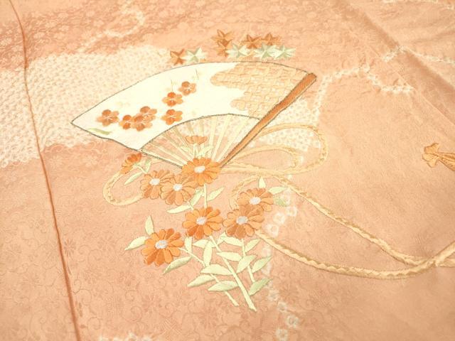 平和屋着物▼訪問着　絞り　刺繍　扇面花文　正絹　逸品　DABD5978fe