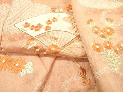 平和屋着物▼訪問着　絞り　刺繍　扇面花文　正絹　逸品　DABD5978fe