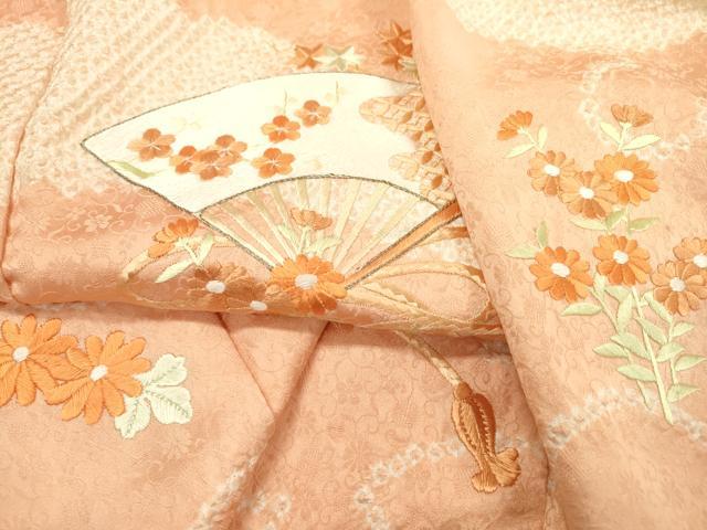 平和屋着物▼訪問着　絞り　刺繍　扇面花文　正絹　逸品　DABD5978fe