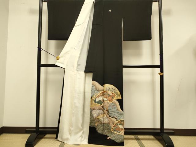 平和屋着物■豪華黒留袖　駒刺繍　扇面飛鶴花文　金彩　正絹　逸品　DABD6005du