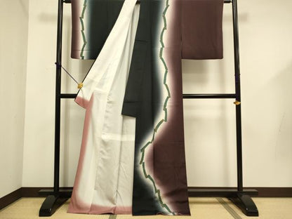 平和屋着物●訪問着　短冊吉祥花文　暈し染め　黒地　正絹　逸品　DABD6113du