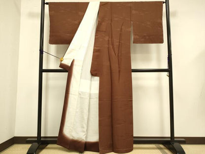 平和屋着物●上質な色無地　雲霞地紋　茶褐色　正絹　逸品　DABD6115du