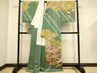 平和屋着物●訪問着　駒刺繍　絞り　雪輪吉祥花文　金彩　正絹　逸品　DABD6126du