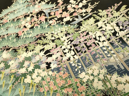 平和屋着物●本加賀友禅作家　魚津誠　黒留袖　風景花鳥文　正絹　逸品　DABD6309du