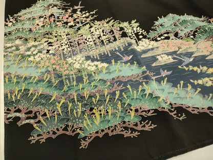平和屋着物●本加賀友禅作家　魚津誠　黒留袖　風景花鳥文　正絹　逸品　DABD6309du
