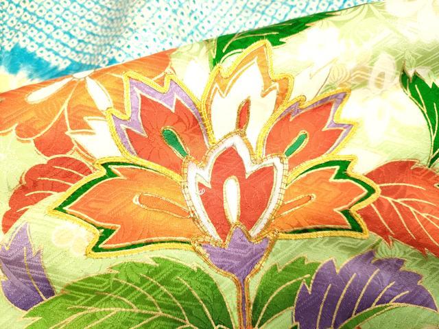 平和屋着物■豪華振袖　駒刺繍　絞り　更紗吉祥花文　金彩　正絹　逸品　DABD6335du