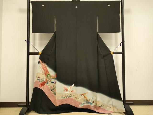平和屋着物■豪華黒留袖　刺繍　流水花鳥文　暈し染め　金彩　正絹　逸品　DABD6410du