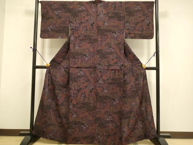 平和屋着物▽上質な小紋　単衣　紬地　辻が花　正絹　逸品　DABD6434du