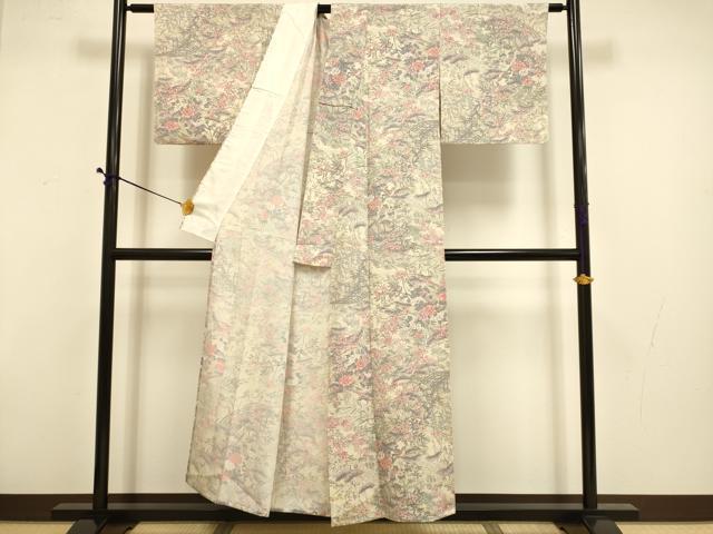 平和屋着物▽上質な小紋　単衣　渡り橋花鳥文　正絹　逸品　DABD6437du