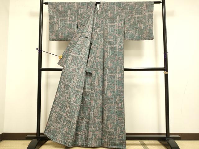 平和屋着物▽小紋　単衣　幾何学更紗花文　洗える着物　DABD6450du