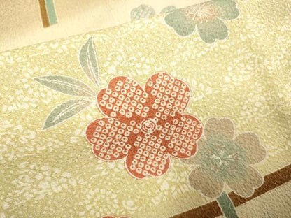 平和屋着物▽訪問着　単衣　格子舞桜文　ロング丈　正絹　逸品　DABD6459du