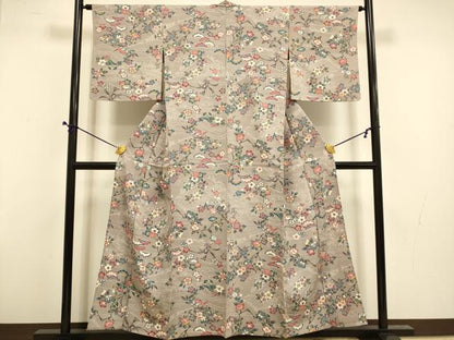 平和屋着物▽上質な小紋　単衣　型染　松竹梅　草花文　反端付き　正絹　逸品　DABD6464du