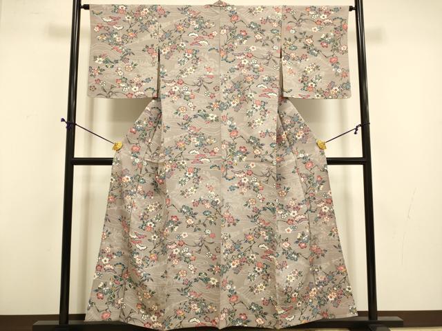 平和屋着物▽上質な小紋　単衣　型染　松竹梅　草花文　反端付き　正絹　逸品　DABD6464du