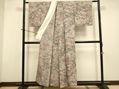 平和屋着物▽上質な小紋　単衣　型染　松竹梅　草花文　反端付き　正絹　逸品　DABD6464du