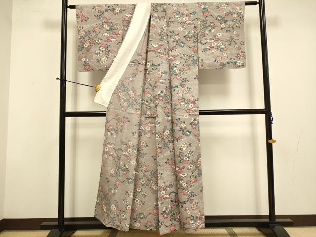 平和屋着物▽上質な小紋　単衣　型染　松竹梅　草花文　反端付き　正絹　逸品　DABD6464du