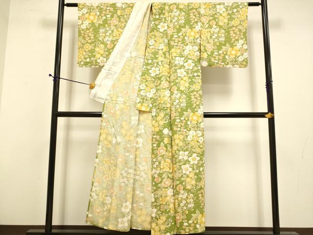 平和屋着物▽上質な小紋　単衣　草花文　正絹　逸品　DABD6475du
