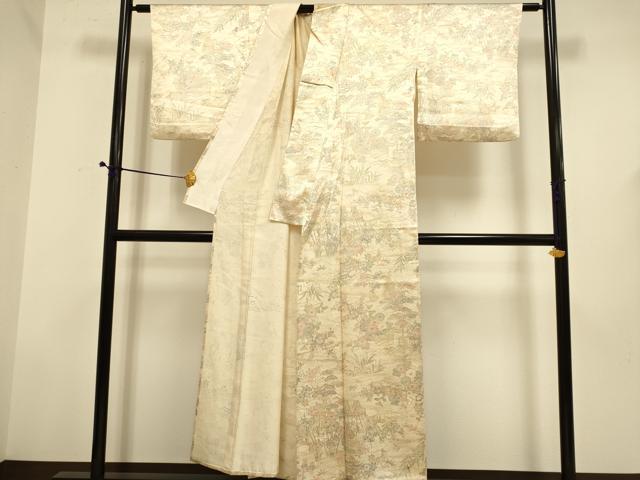 平和屋着物▽上質な小紋　単衣　風景花文　正絹　逸品　DABD6487du