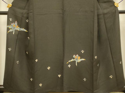 平和屋着物▽訪問着　単衣　刺繍　松ぼっくり　黒地　銀通し地　正絹　逸品　DABD6497du