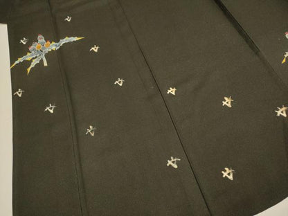 平和屋着物▽訪問着　単衣　刺繍　松ぼっくり　黒地　銀通し地　正絹　逸品　DABD6497du