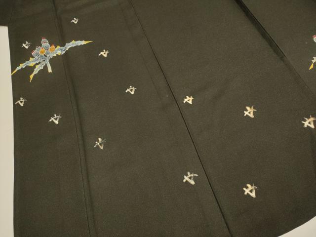 平和屋着物▽訪問着　単衣　刺繍　松ぼっくり　黒地　銀通し地　正絹　逸品　DABD6497du