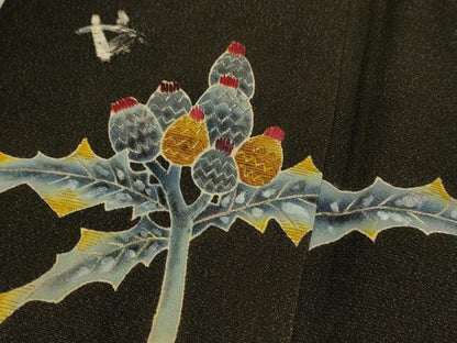 平和屋着物▽訪問着　単衣　刺繍　松ぼっくり　黒地　銀通し地　正絹　逸品　DABD6497du